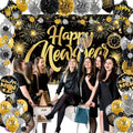 Happy New Year Backdrop with Shiny Firework Background Circle Paper Banner Pom poms Foil Balloons & Swirls for New Year Photo Booth Background