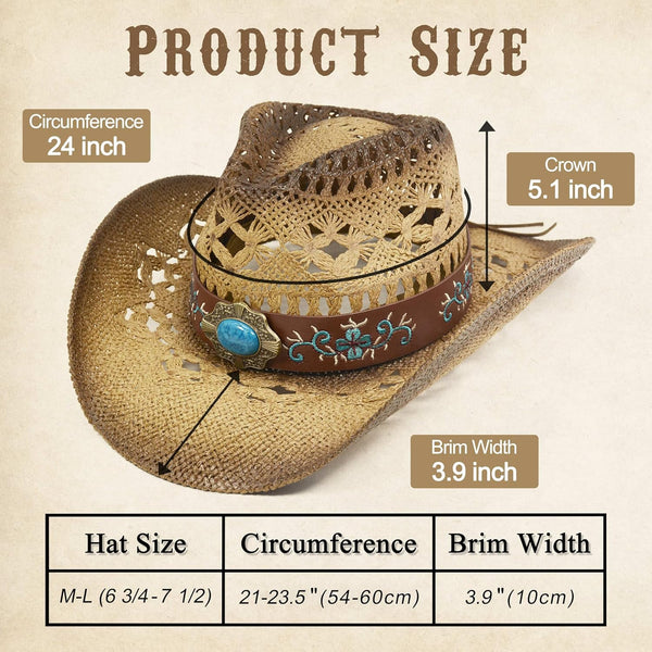 Cowgirl Hats for Women Straw Cowboy Hat Western Beach Sun Hat with Shapeable Brim for Coastal Cowgirl
