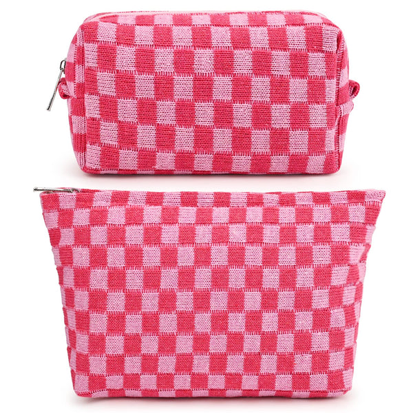 SOIDRAM 2 Pieces Makeup Bag Large Checkered Cosmetic Bag Capacity Canvas Mix Travel Toiletry Bag Organizer Cute Makeup Brushes Aesthetic