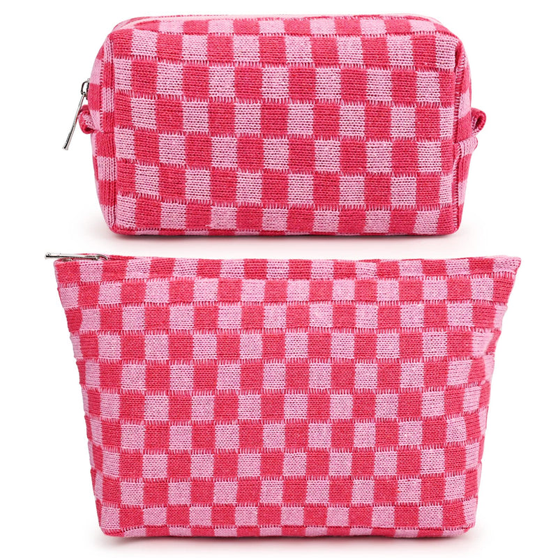 SOIDRAM 2 Pieces Makeup Bag Large Checkered Cosmetic Bag Capacity Canvas Mix Travel Toiletry Bag Organizer Cute Makeup Brushes Aesthetic