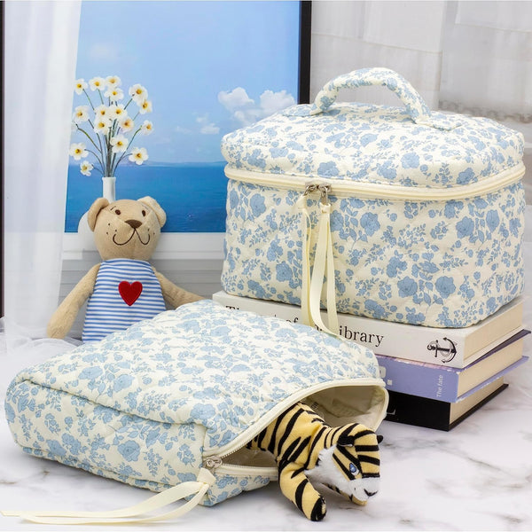 PAZIMIIK Cotton Makeup Bag for Women Large Quilted Travel Cosmetic Pouch Girls' Make up Organizer,Little Flower Blue