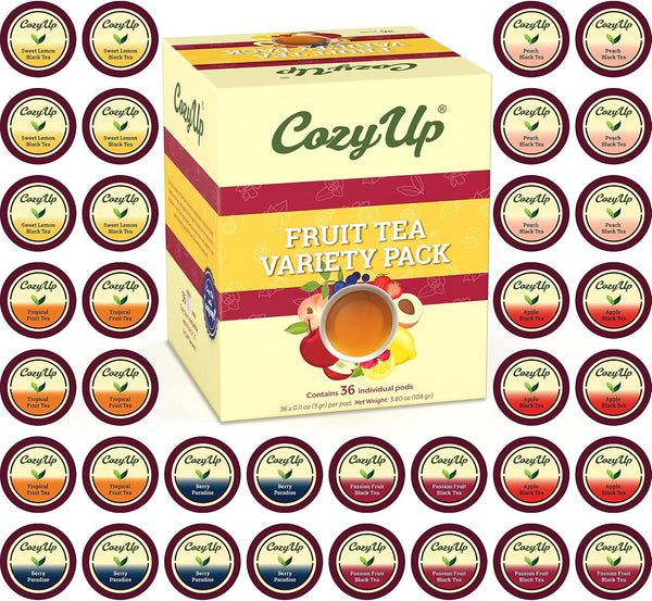 Cozy Up Iced Sweet Fruit Black Tea K-Cup, 36-Count 6 Flavors, Brew Over Ice | Compatible with Keurig Brewer, Guilt-Free Zero Calorie Sweetness,