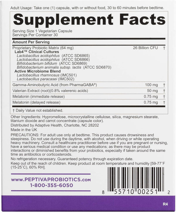 Peptiva Sleep Support, Probiotic Lactobacillus, Bifidobacterium, Melatonin 30 Count (Pack of 1)