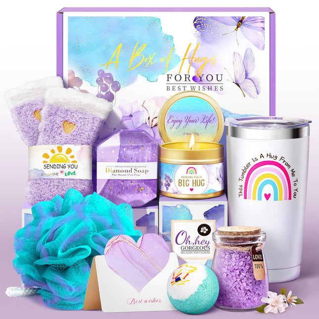 Get Well Soon Gifts for Women, Care Package for Women,Feel Better Gifts for Women 8Pcs Lavender Birthday Gift Baskets fo