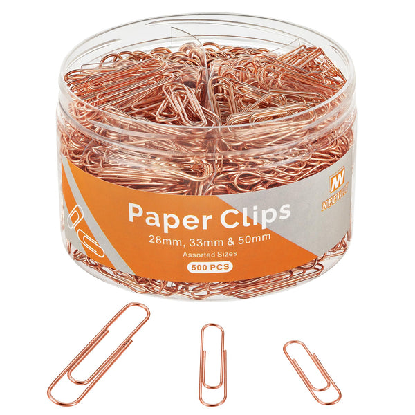 NEEWAY 500pcs Rose Gold Paper Clips Assorted Sizes Small, Medium and Large Paperclips for Paperwork Ideal for Home, School and Office Use