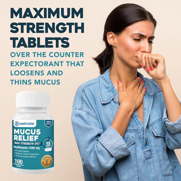 WELMATE Guaifenesin 1200 mg Mucus Relief, Maximum Strength, 100 Count | Extended-Release Expectorant Tablets, 12 Hour Chest Congestion Relief,