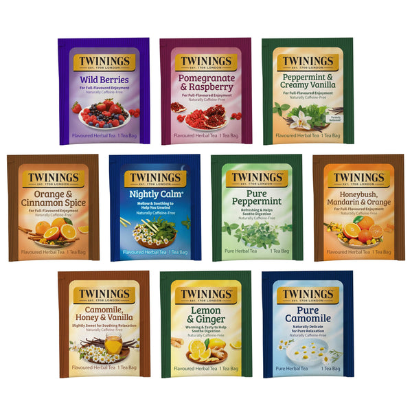 Twinings Herbal Caffeine-Free Tea Bags Sampler, Assortment Variety Pack (40 Count) 10 Different Flavors for Tea Lovers: Her, Him, Women, Men,