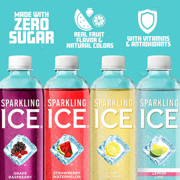 Sparkling Ice Blue Variety Pack, Zero Sugar Sparkling Water, with Vitamins and Antioxidants, 17 fl oz, 12 count (Classic Lemonade, Strawberry