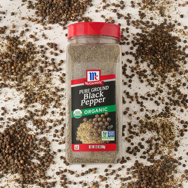 McCormick Black Pepper, Pure Ground, Organic, Non GMO, Enjoy Distinctive Pepper Flavor While Cooking & Tableside, 12 oz 12 Ounce (Pack of 1)
