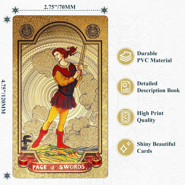 KIINO 78 Gold foil Tarot Cards with Guide Book Tarot Deck for Beginners and Professional Player with Box Tarot PVC Durable Waterproof Wrinkle