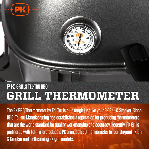 PK Grills Tel-Tru BBQ Grill Thermometer Outdoor Grilling Temperature Gauge Kit, Includes Charcoal/Smoker Thermometer Probe, Wing Nut, and Silver
