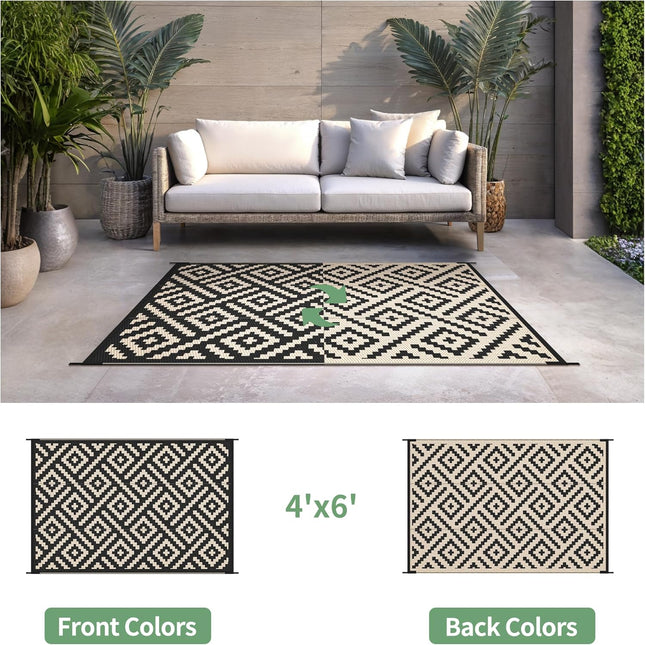 Outdoor Rug for Patio - Waterproof Plastic Straw Camping Rugs 4X6 Ft, Reversible