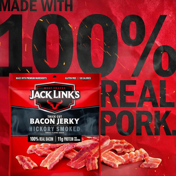 Jack Link's Hickory Smoked Bacon Jerky - 2.5 oz Bag - Ready to Eat Real Meat Protein Snacks - 11g Protein per Serving - Made with 100% Thick Cut