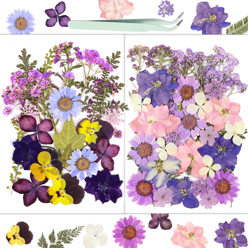Dried Flowers, Resiners 58Pcs Pressed Flowers for Craft Purple Real Natural Dried Flowers Dry Leaves Kit for DIY Making Crafts Resin Soap Candle