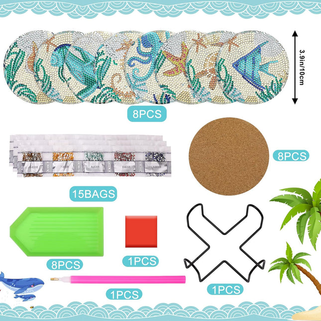 UPINS Ocean Diamond Art Painting Coaster Kit, 8Pcs DIY Crafts Kit with Holder, Non Slip Coaster Art Supplies for Adults,