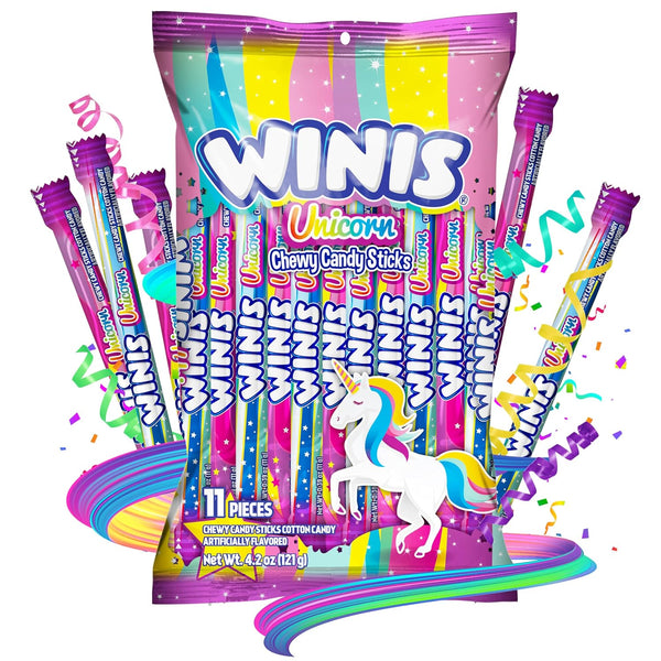Winis Unicorn | Cotton Candy Chewy Taffy Swirl | 4.3 Oz, 11 Pieces | Chewy cotton candy flavored swirls, non-melting and party ready, sharing size