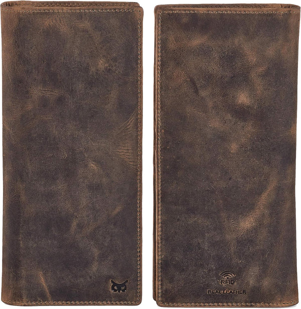 Long Wallet for Men Women Leather Slim Bifold RFID Blocking Card Holder Moss Green Crazy Horse