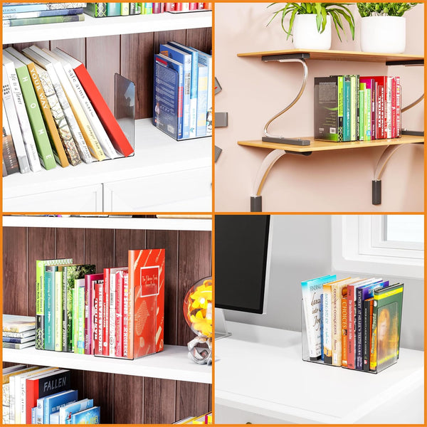 SUOXING 6 PCS Clear Acrylic Book Ends for Shelves Decorative,Invisible Book Stopper with Non-Slip Mats for Heavy Books,Small Acrylic Bookends for