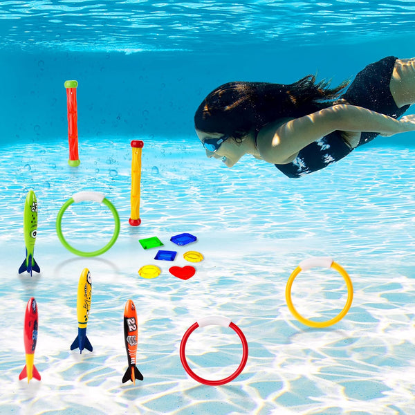 JOYIN 18Pcs Diving Pool Toys for Kids, Swimming Pool Toy with Storage Bag Includes 4 Pool Rings, 4 Diving Sticks, 4 Bandits, 6 Treasures