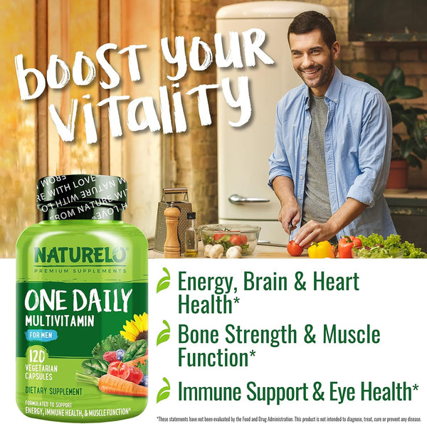 NATURELO Mens Multivitamins - One Daily Multivitamin for Men with Vitamins, Minerals & Organic Whole Foods, Boost Energy & Health, Non-Gmo, 120
