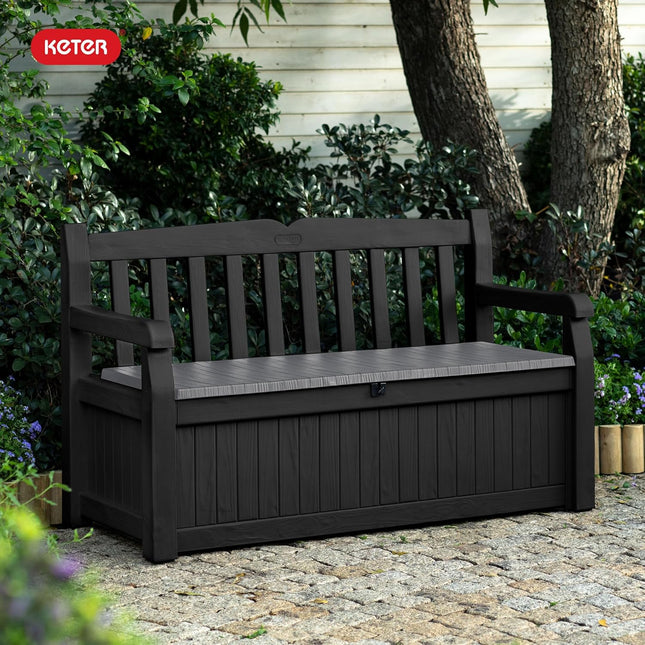 Keter Solana 70 Gallon Storage Bench Deck Box for Patio Storage, Front Porch Dec