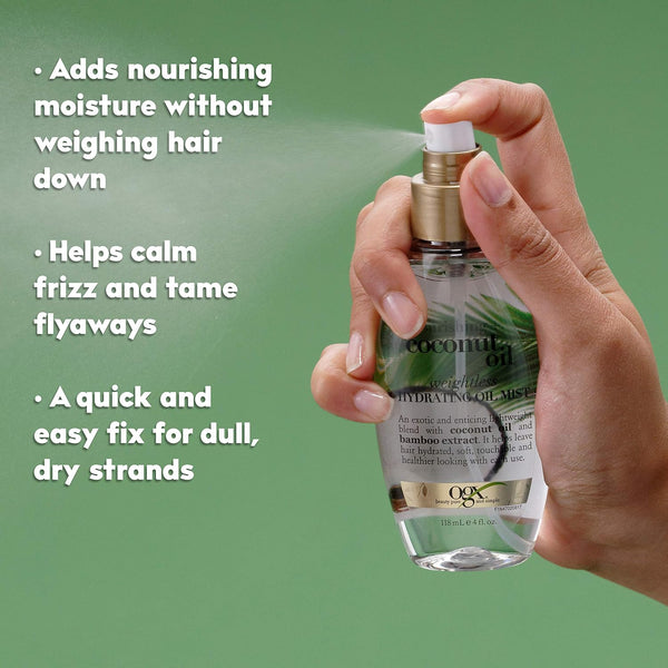 OGX Nourishing + Coconut Oil Weightless Hydrating Oil Hair Mist, Lightweight Leave-In Hair Treatment with Coconut Oil & Bamboo Extract, Paraben &