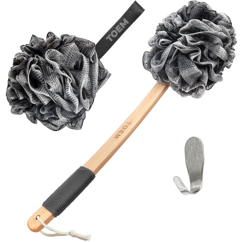 Toem® Loofah Back Scrubber for Shower | Bamboo Charcoal | Long Handle Slate Grey