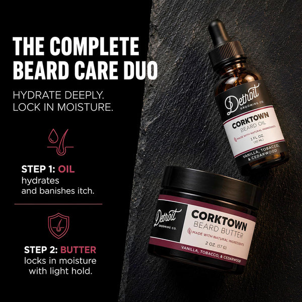 Detroit Grooming Co. Beard Oil & Beard Butter Bundle – Corktown (Vanilla, Tobacco & Cedarwood Scent) – Beard Hydration Set with Vitamin E &
