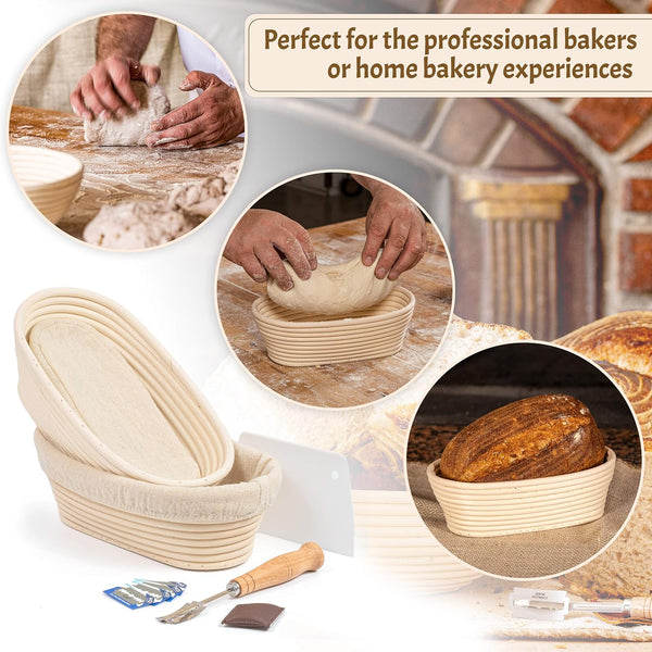 CRISS ELITE 11" Oval Banneton Proofing Basket Set of 2 - Sourdough Starter Kit with Bread Lame, Danish Whisk, Metal & Bowl Scrapers, Cleaning