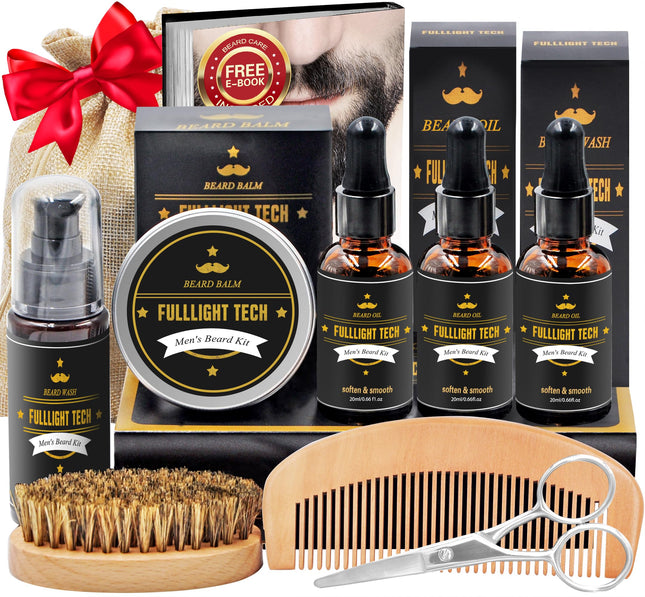 Beard Kit for Men Grooming & Care W/3 Pack Beard Oil, Wash, Balm, Comb, Brush, Scissors,Anniversary Valentines Birthday 