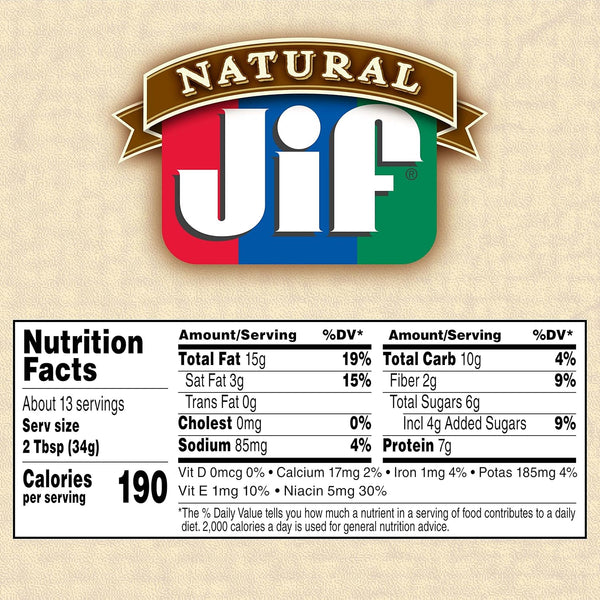 Jif Natural Creamy Peanut Butter Spread and Honey, 16 Oz. Jar | 7g protein per serving, 7% DV, See nutrition information for fat and saturated fat