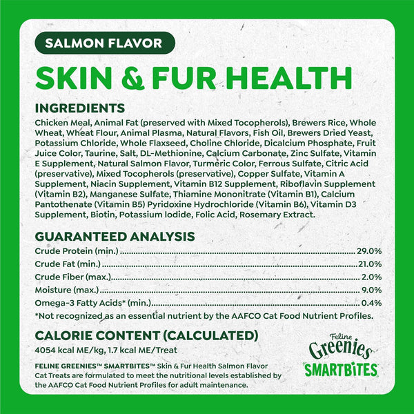 Greenies Feline Smartbites Skin & Fur Health Cat Treats, Salmon, 2.1 oz | Fish oil & flaxseed, omega-3 fatty acids, no artificial flavors or