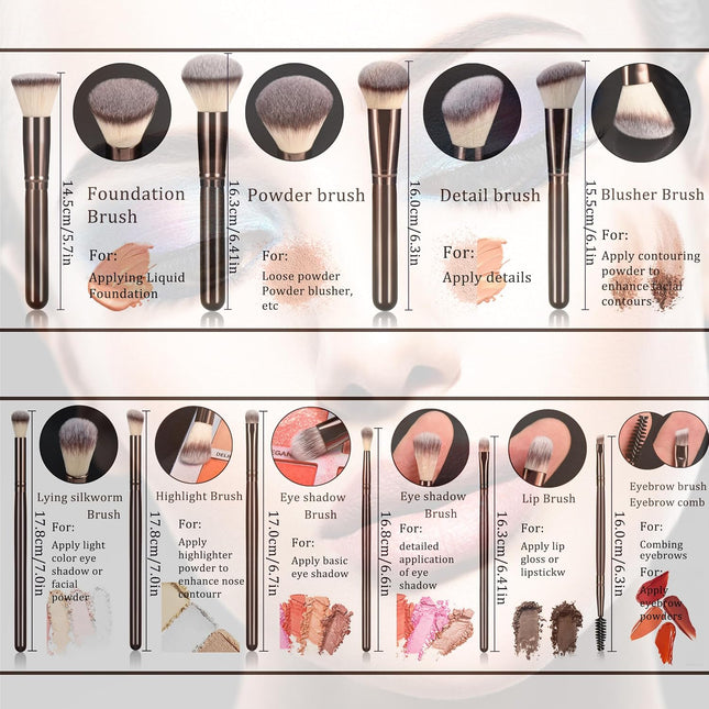 10 Piece Black brown Makeup Brushes - Wooden Handle with Soft Synthetic Bristles,for Face & Eye Makeup|Professional Makeup Brushes set for Women &