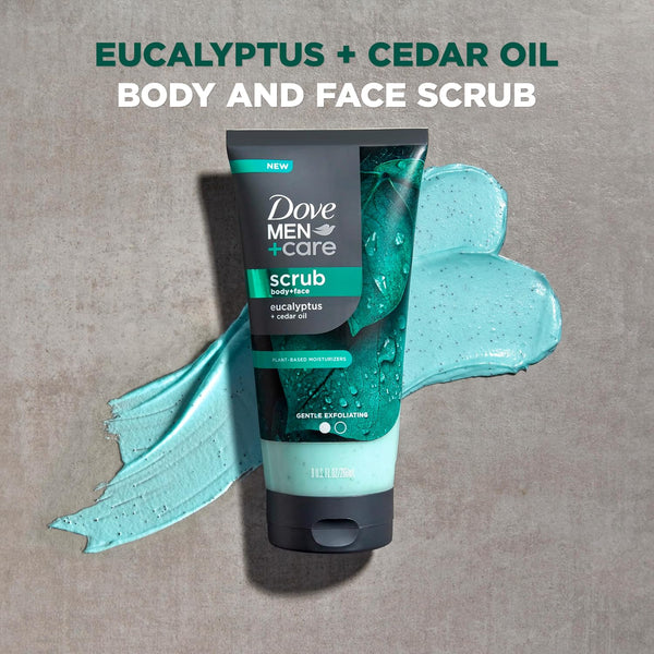 DOVE MEN + CARE Body and Face Scrub Eucalyptus Deeply Exfoliates for Hydrated & Nourished Skin 100% Gentle Cleanser, No Sulfate Cleansers or