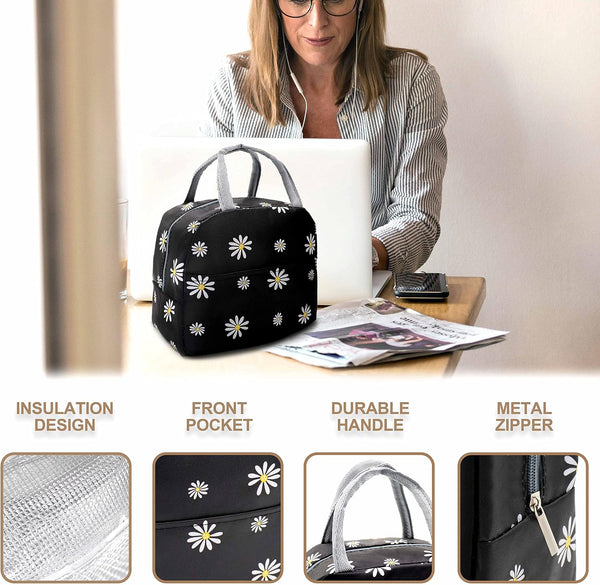 Sonuimy Insulated Lunch Bag Women, Reusable Cute Tote Lunch Box Black/White Black with White Daisy