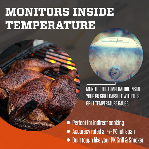 PK Grills Tel-Tru BBQ Grill Thermometer Outdoor Grilling Temperature Gauge Kit, Includes Charcoal/Smoker Thermometer Probe, Wing Nut, and Silver