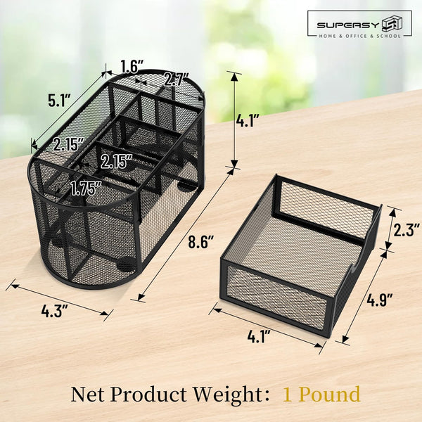Mesh Desk Organizer with Drawer, 9-Compartment Pen Holder for Desk, Black Obsidian Black