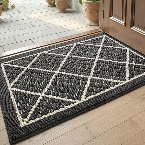 DEXI Front Door Mat Indoor Entryway 17x30 Inside Entrance Doormat Dark Grey | Non Slip Low Profile Thin Absorbent Washable Entry Mats for House