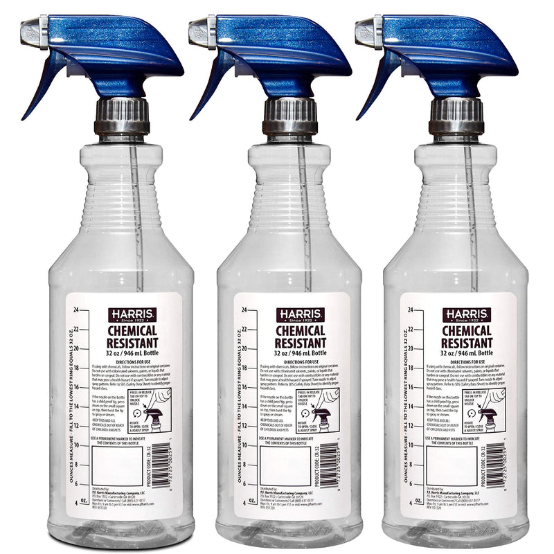 HARRIS Chemically Resistant Professional Empty Spray Bottles, 32oz (3-Pack), for Cleaning Solutions and Water 3 Count (Pack of 1)