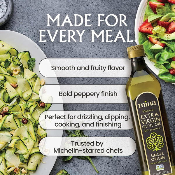 Mina Moroccan Olive Oil Extra Virgin 33.8 Fl Oz, Polyphenol Rich, Third Party Tested, Clinically Proven, Single Origin Extra Virgin Olive Oil,