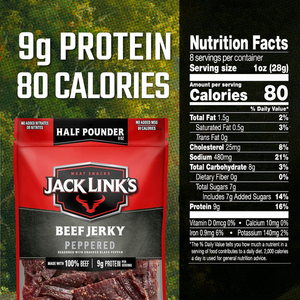 Jack Link'S Beef Jerky, Peppered, Half Pounder Large Jerky Bag - Flavorful Meat Snack, Ready to Eat Protein Snacks with 9G of Protein per Serving,