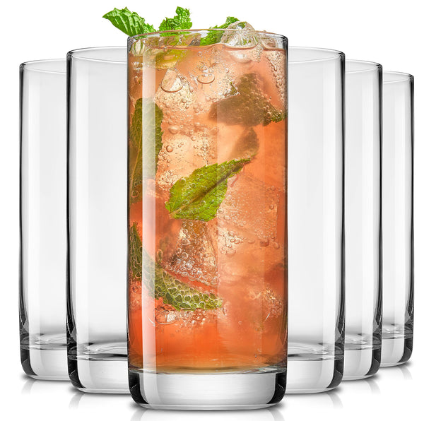 JoyJolt Faye 13oz Highball Glasses, 6pc Tall Glass Sets. Lead-Free Crystal Drinking Glasses. Water Glasses, Mojito Glass Cups, Tom Collins Bar