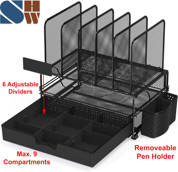 Simple Houseware Mesh Desk Organizer with Sliding Drawer, Double Tray and 5 Upright Sections, Black