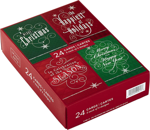 Hallmark Image Arts Christmas Boxed Cards Assortment, Elegant Lettering (4 Designs, 24 Cards with Envelopes) Red and Green Elegant Lettering
