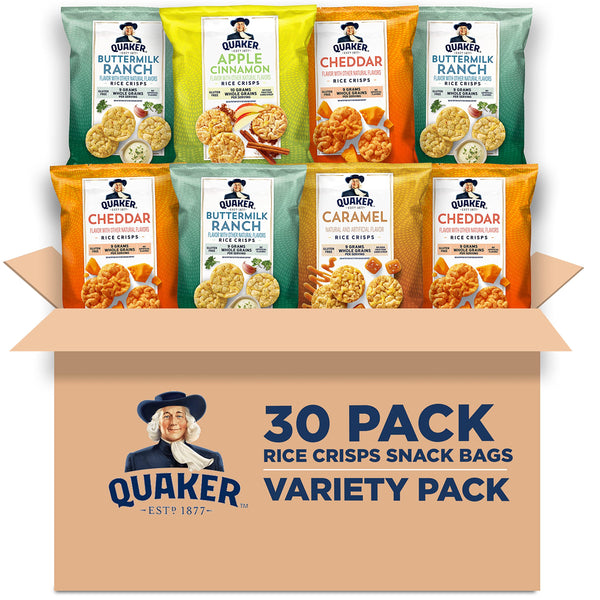Quaker Rice Crisps, Gluten Free, 4 Flavor Sweet and Savory Variety Mix, Single Serve, 30 count Sweet & Savory Variety Pack