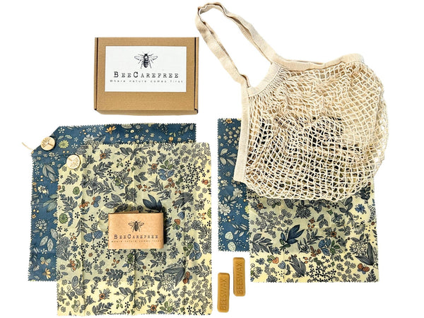 4-Pack Reusable Beeswax Wraps with Produce Bag & 2 Beeswax Bars