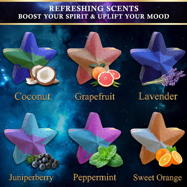 Space Rainbow Star Bath Bombs / 6 X 2.8Oz Luxury Bath Bomb Gift Set/Natural Essential Oils/Colourful Bubble and Non-Staining/Vegan, Cruelty