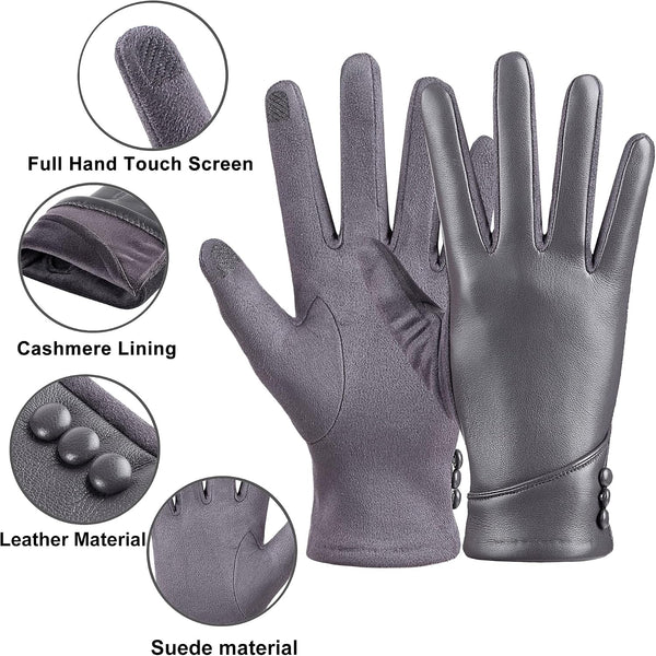 Womens Winter Leather Gloves Touch Screen Wool Lined Windproof Warm Suede Fashion Dress Gloves Large-X-Large Grey
