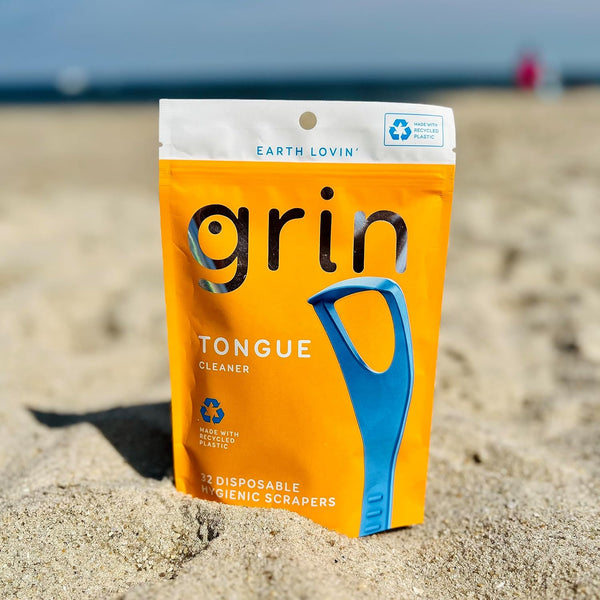GRIN Tongue Cleaner, 32 Count, Disposable Tongue Cleaner, Hygienic Scraper, Recycled Plastic, Clean Tongue, Promote Fresh Breath, Includes Safe