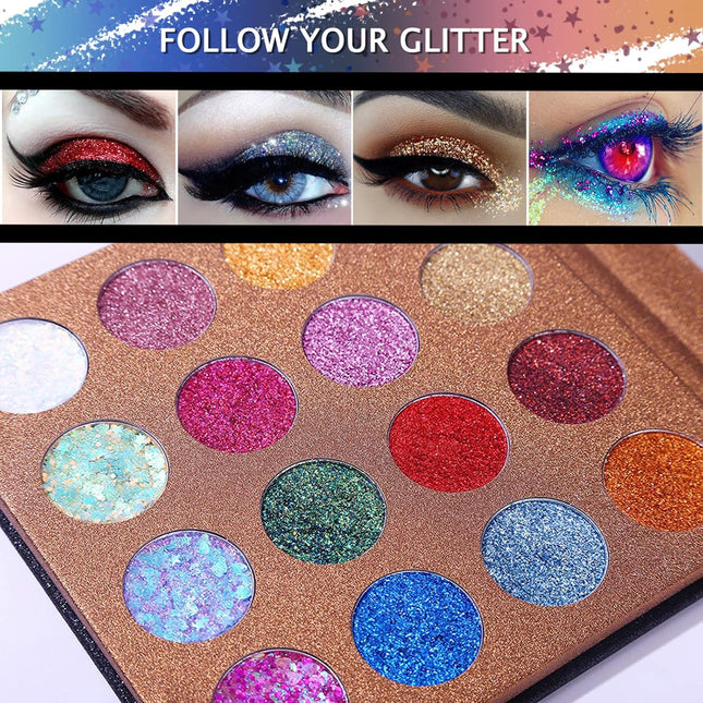 UCANBE Pro Glitter Eyeshadow Palette - Professional 16 Colors - Chunky & Fine Pr